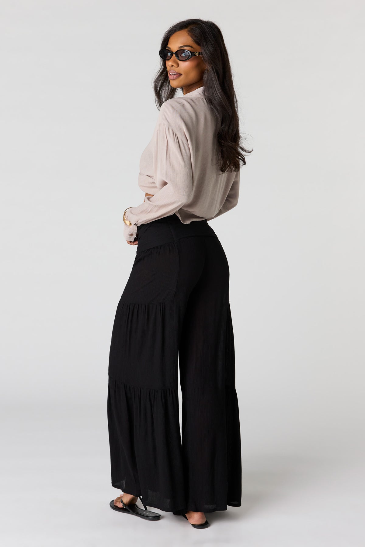 Alt View 3. Tie Waist Tiered Palazzo Pant - Black