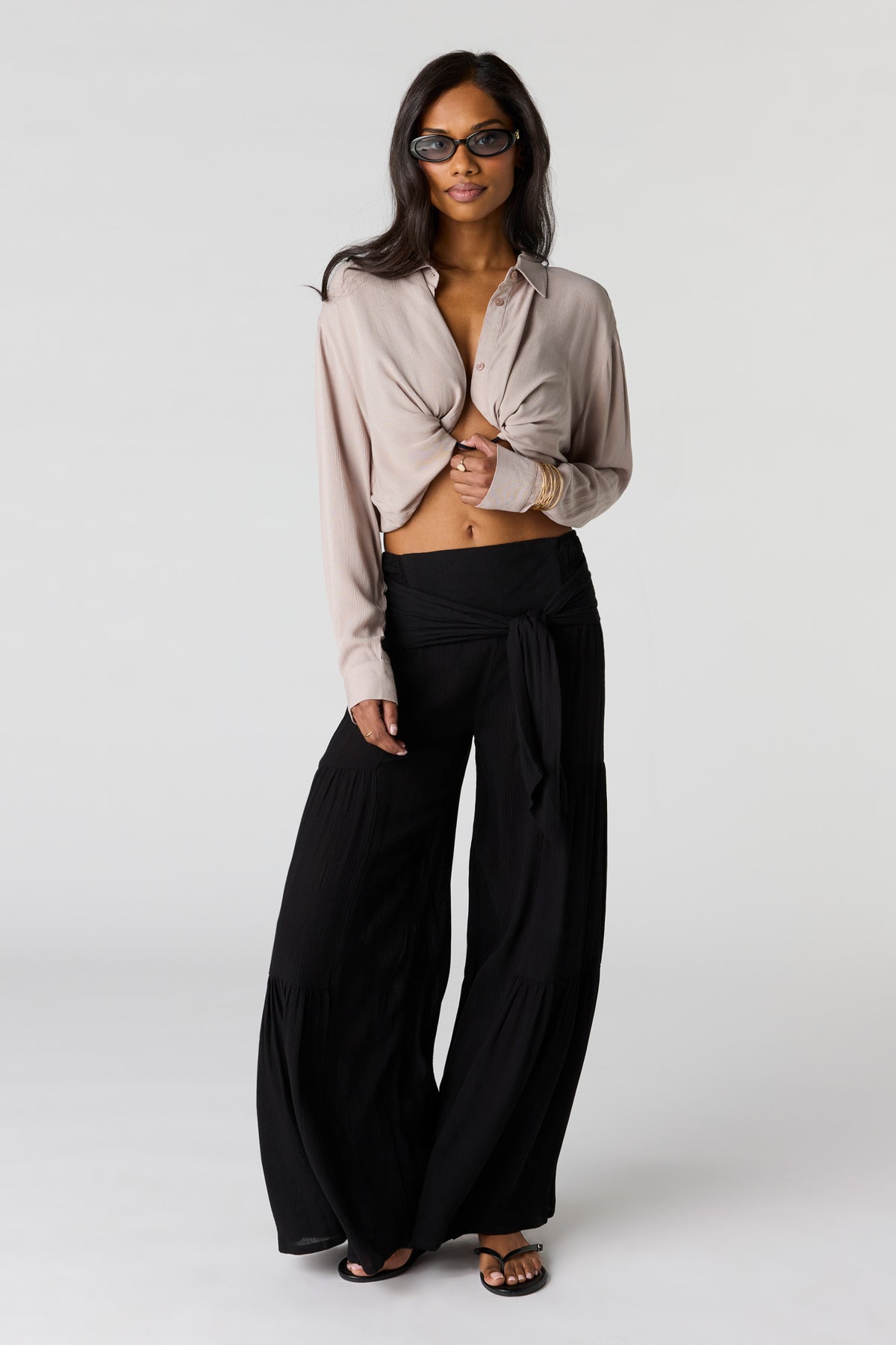 Tie Waist Tiered Palazzo Pant - Black