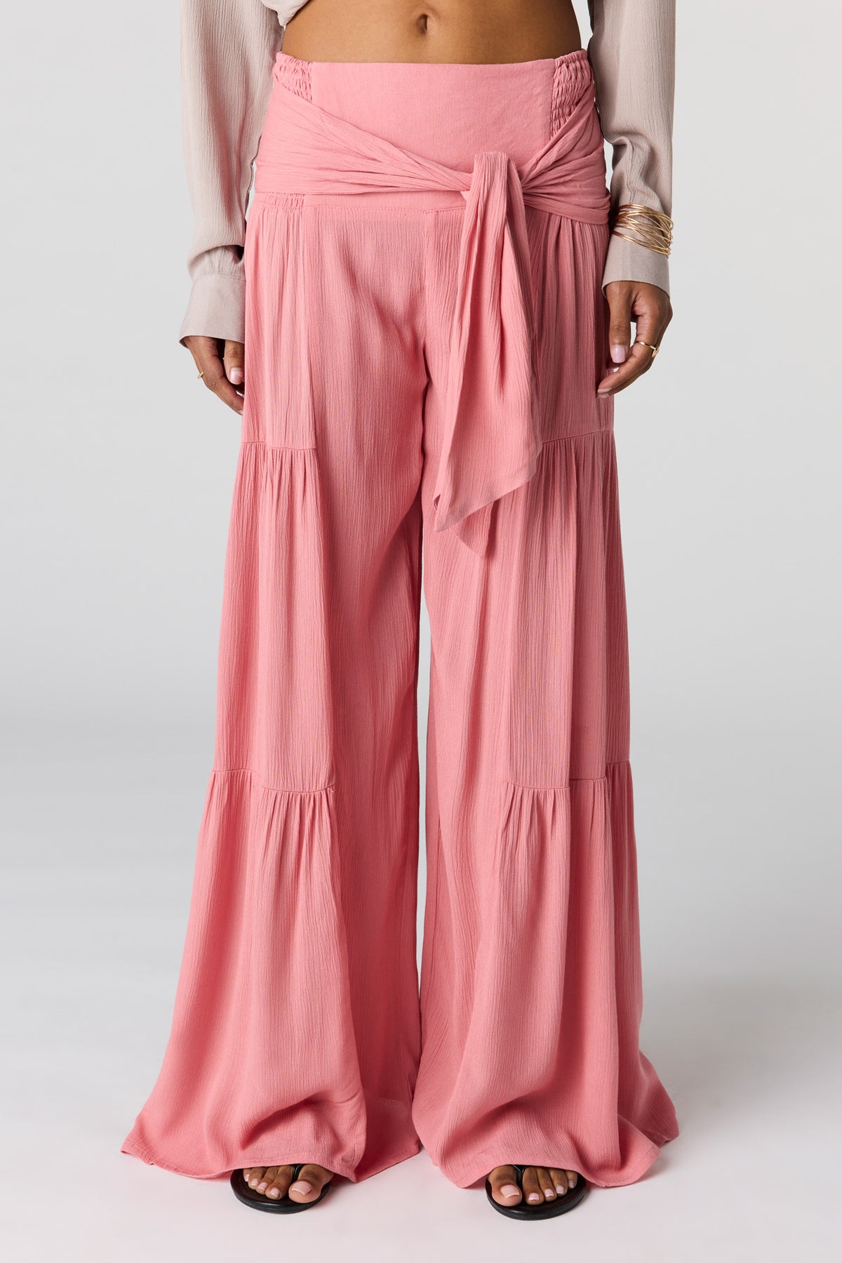 Tie Waist Tiered Palazzo Pant - Coral