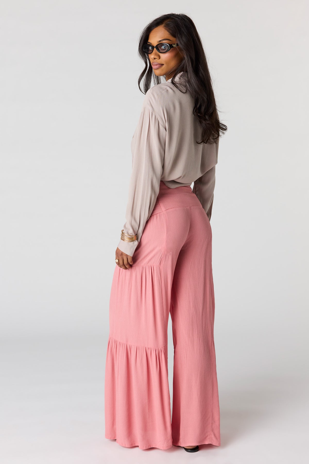Alt View 2. Tie Waist Tiered Palazzo Pant - Coral