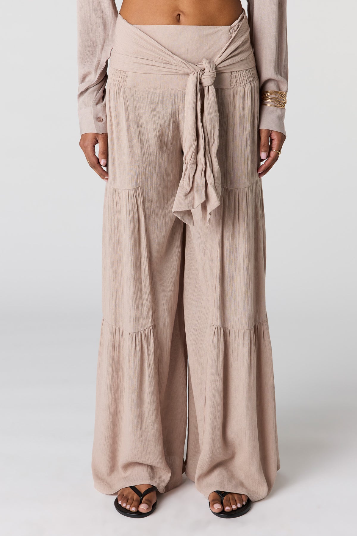 Alt View 2. Tie Waist Tiered Palazzo Pant - Taupe
