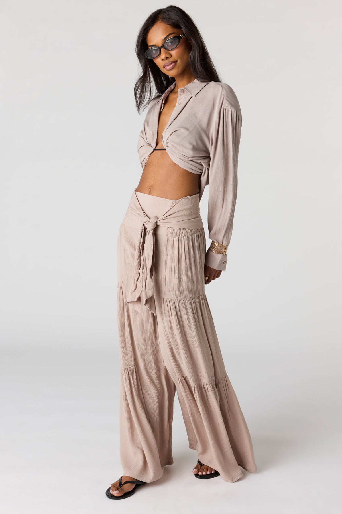Tie Waist Tiered Palazzo Pant - Taupe