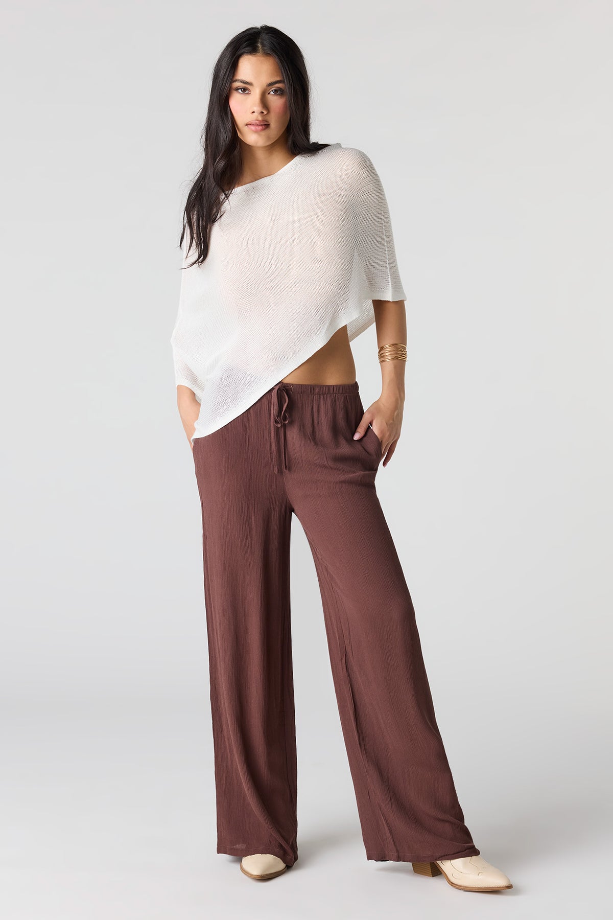 Flowy Wide Leg Drawstring Pant - Brown