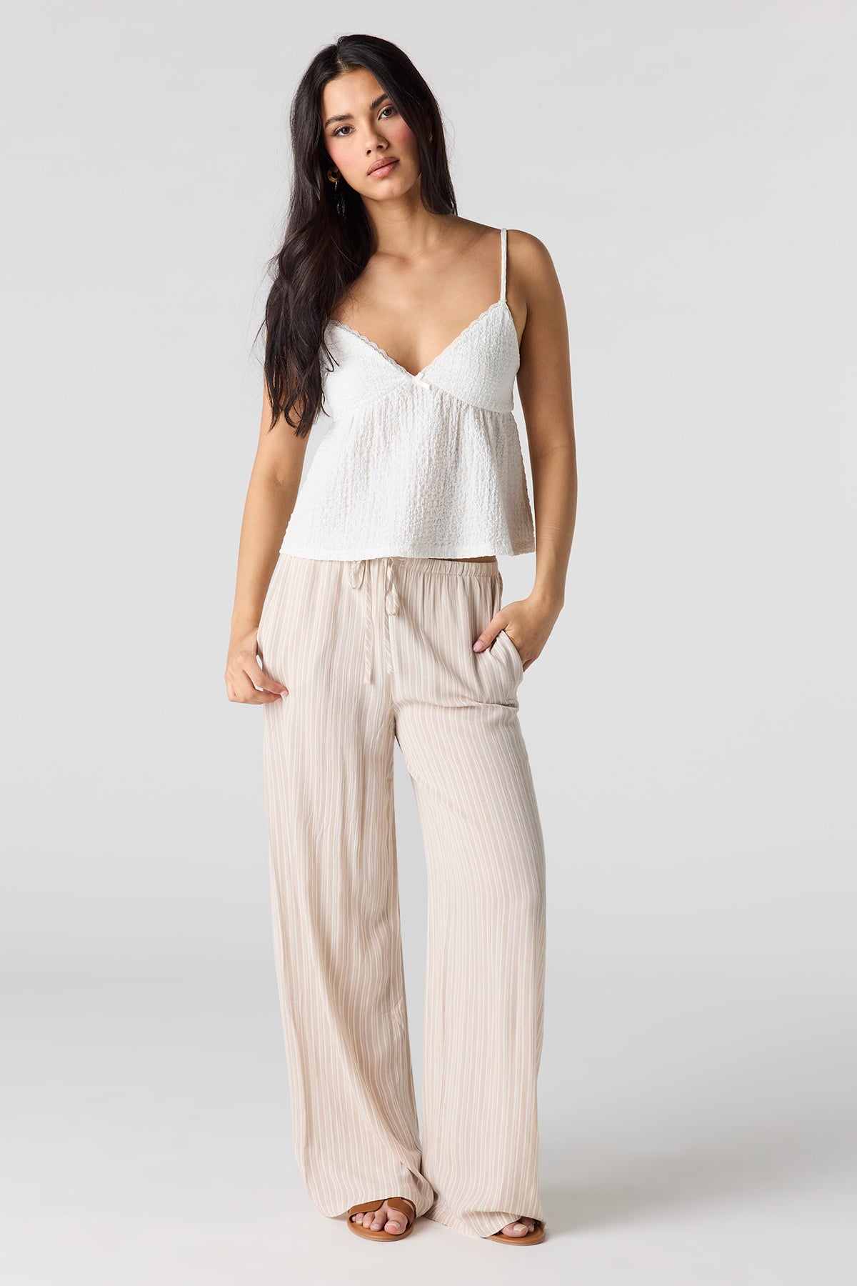 Flowy Wide Leg Drawstring Pant - Beige