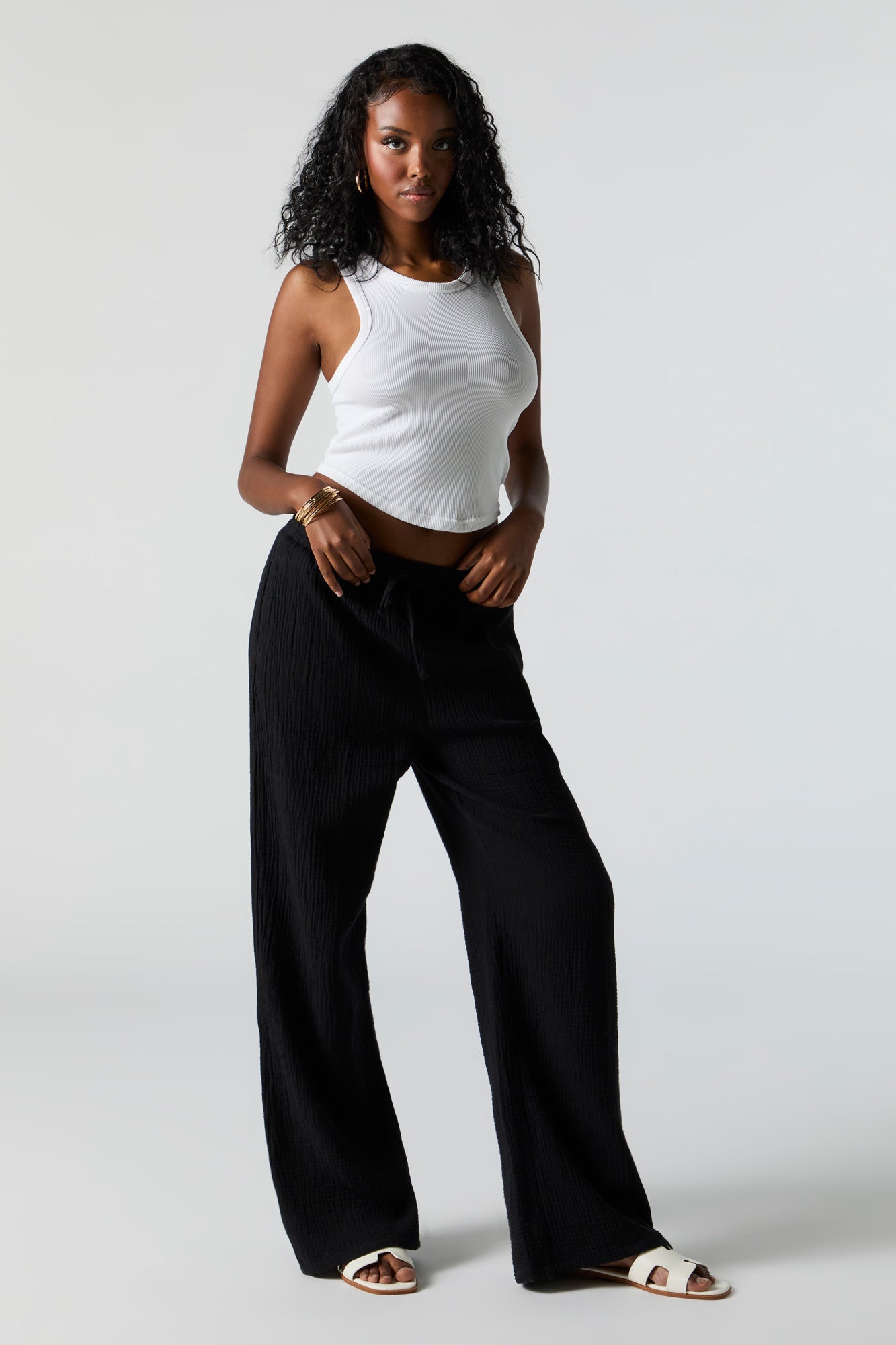 Textured Drawstring Wide Leg Pant