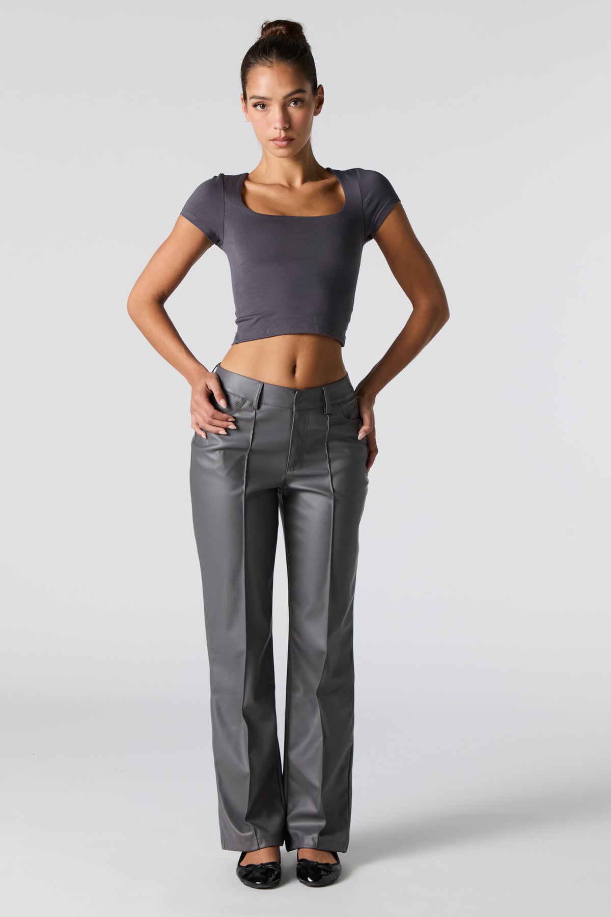 Faux Leather Exposed Seam Straight Leg Pant