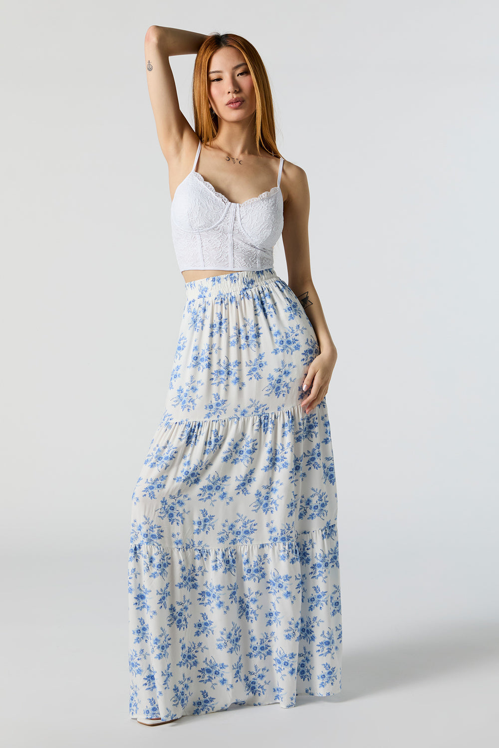 White Floral High Rise Tiered Maxi Skirt White Floral High Rise Tiered Maxi Skirt 1