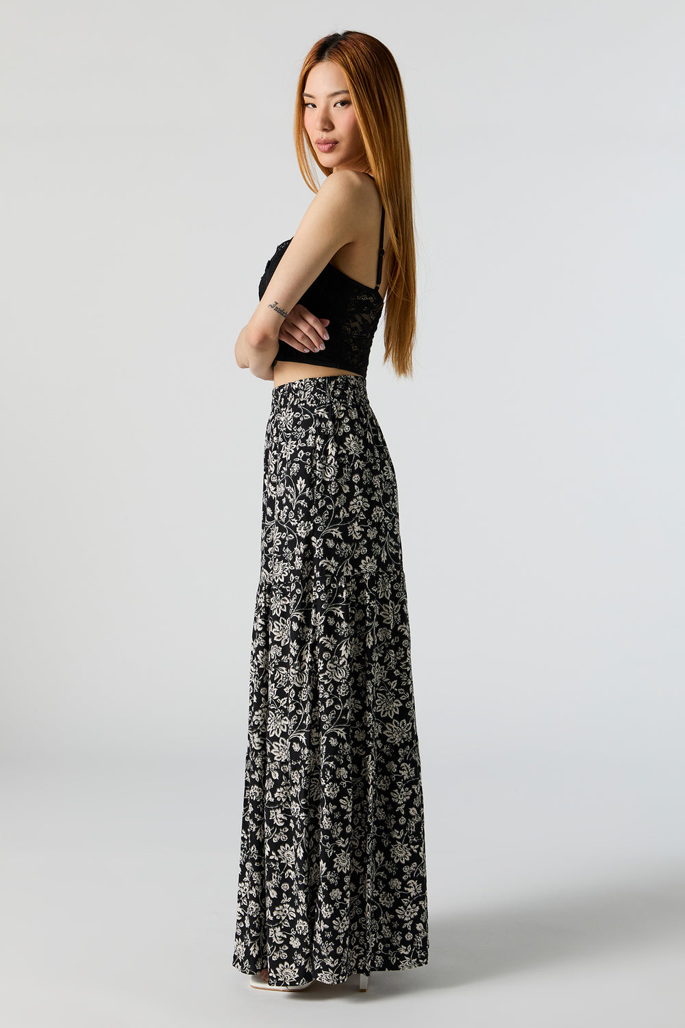 Black Floral High Rise Tiered Maxi Skirt Black Floral High Rise Tiered Maxi Skirt 2