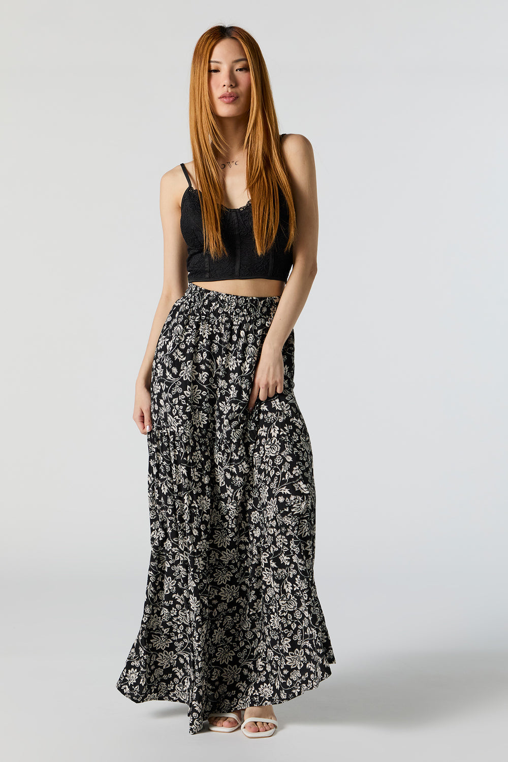 Black Floral High Rise Tiered Maxi Skirt Black Floral High Rise Tiered Maxi Skirt 1