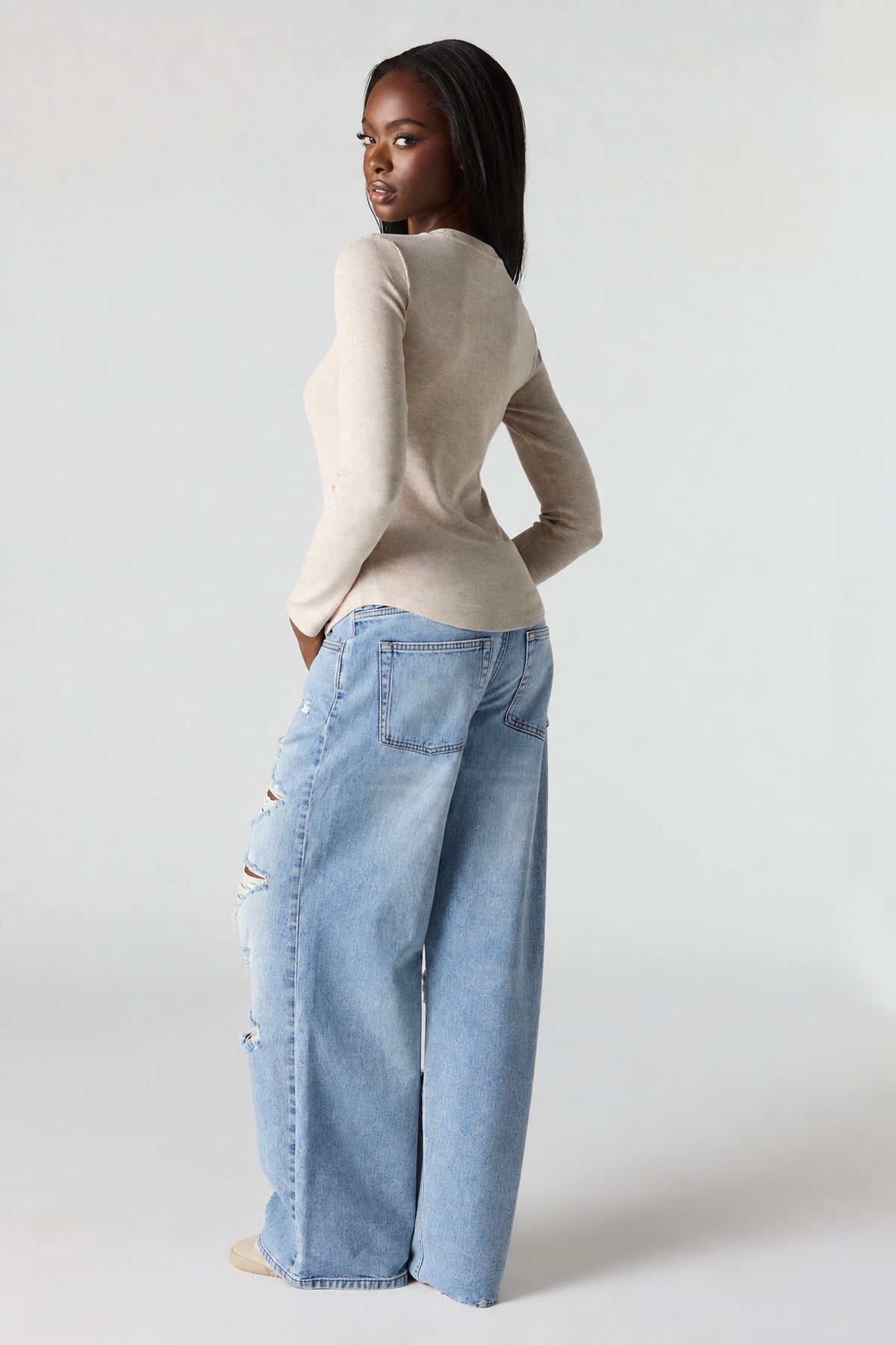 Alt View 3. London Ripped Low Rise Super Baggy Jean - Medium Blue