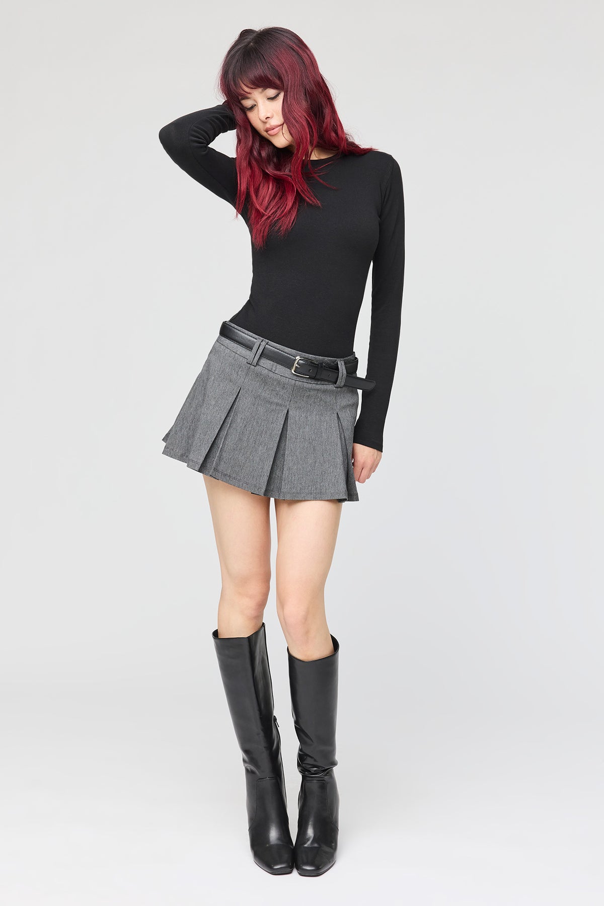 Alt View 3. Belted Pleated Mini Skort - Heather Grey