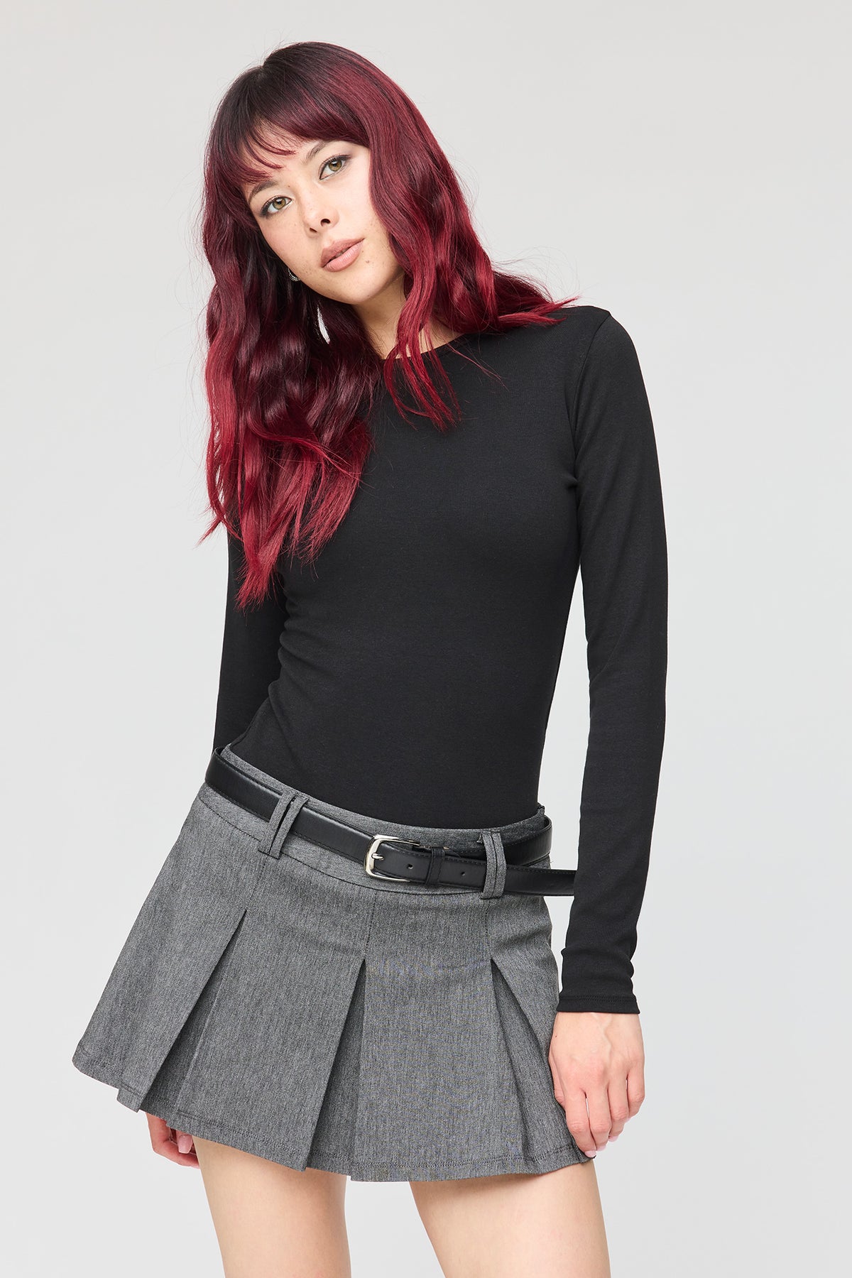 Belted Pleated Mini Skort - Heather Grey