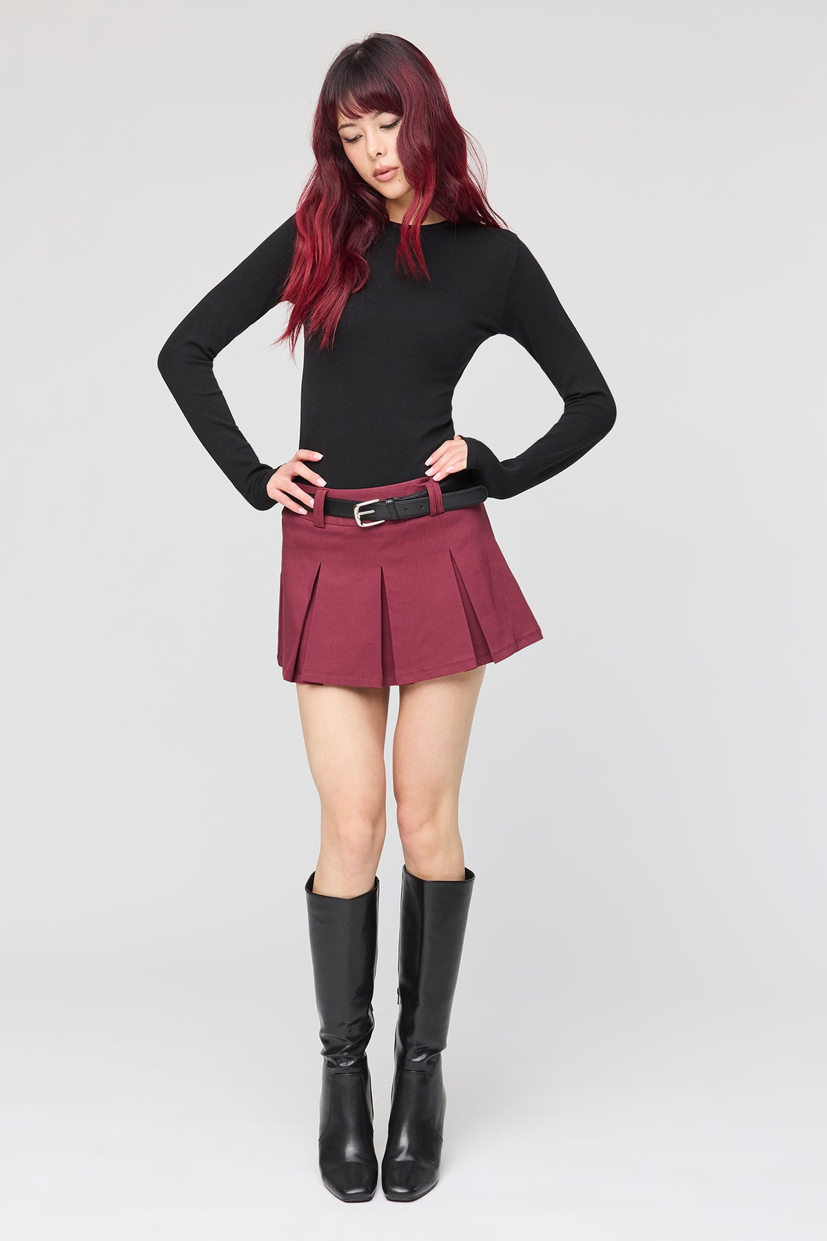 Alt View 3. Belted Pleated Mini Skort - Burgundy