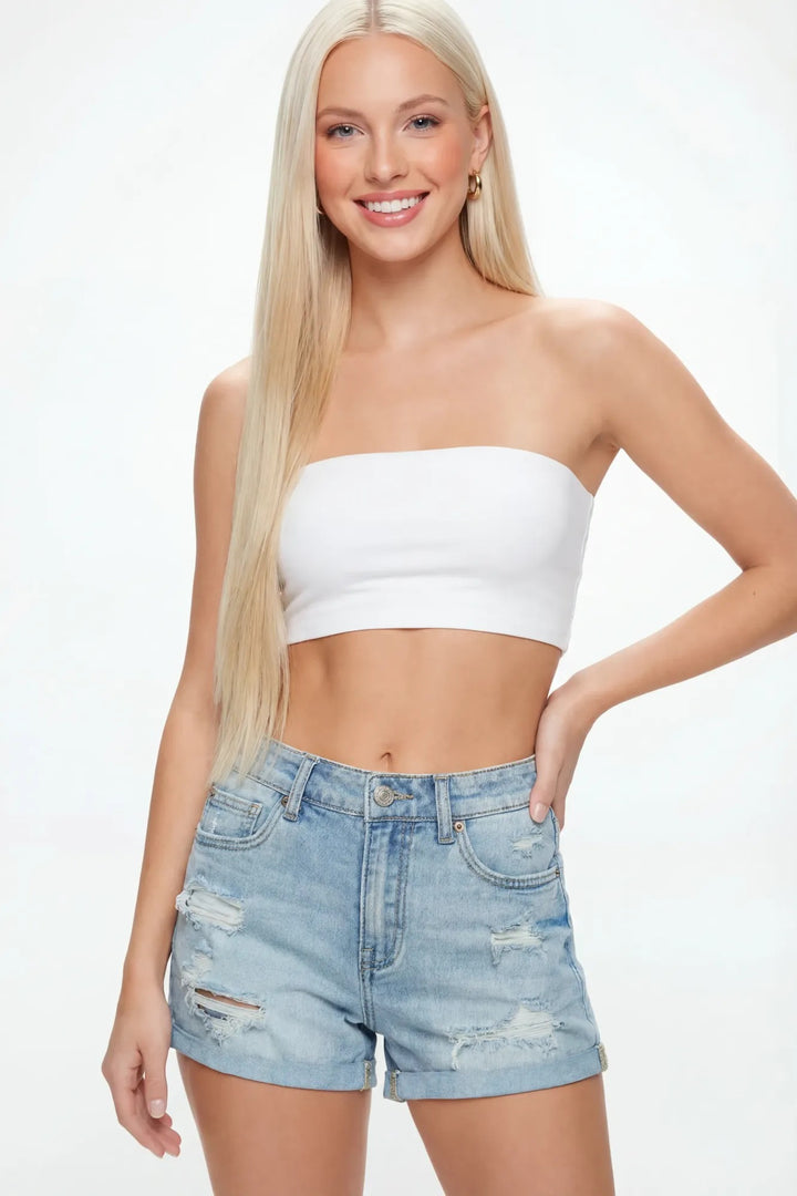 Stretch Ripped High Rise Light Denim Short