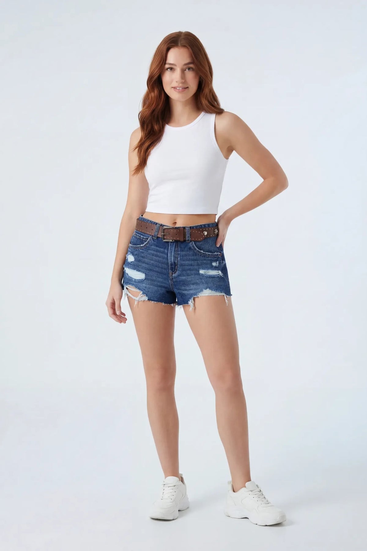 Ripped Denim Short with Belt - Denim Blue