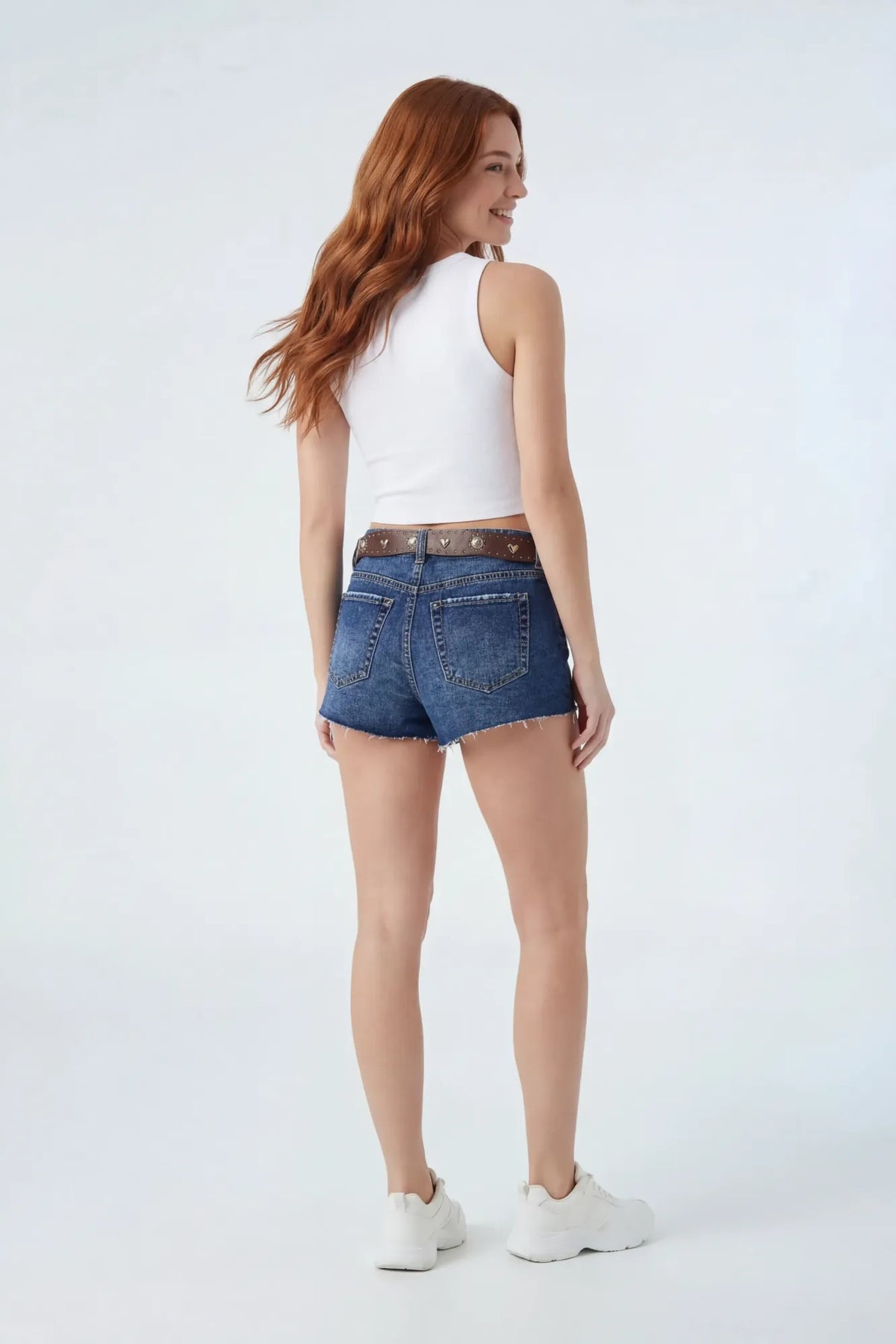 Alt View 2. Ripped Denim Short with Belt - Denim Blue