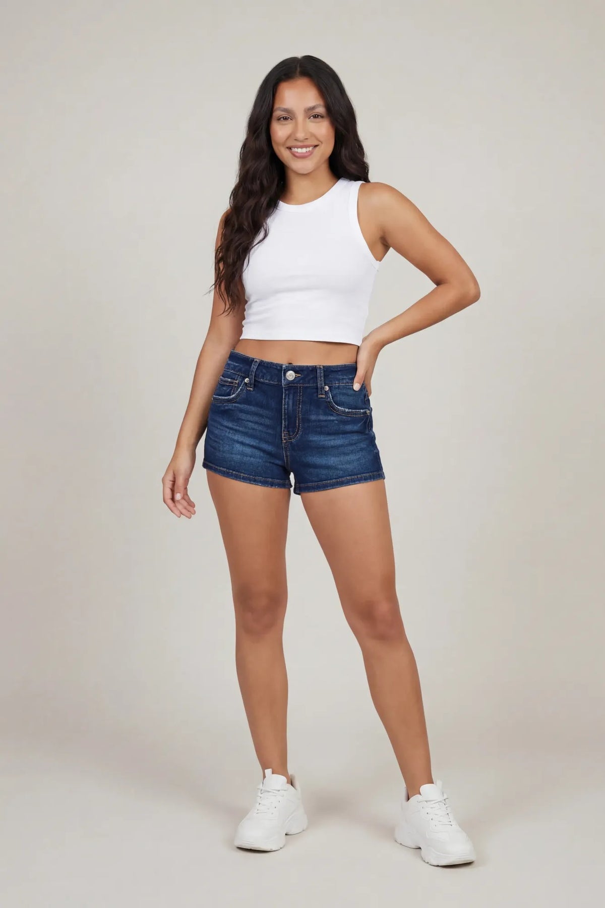 Alt View 2. Stretch Low Rise Dark Denim Shortie - Denim Blue