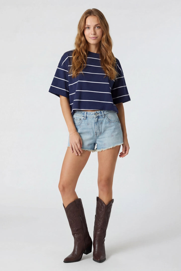 High Rise Bow Embroidered Light Denim Short