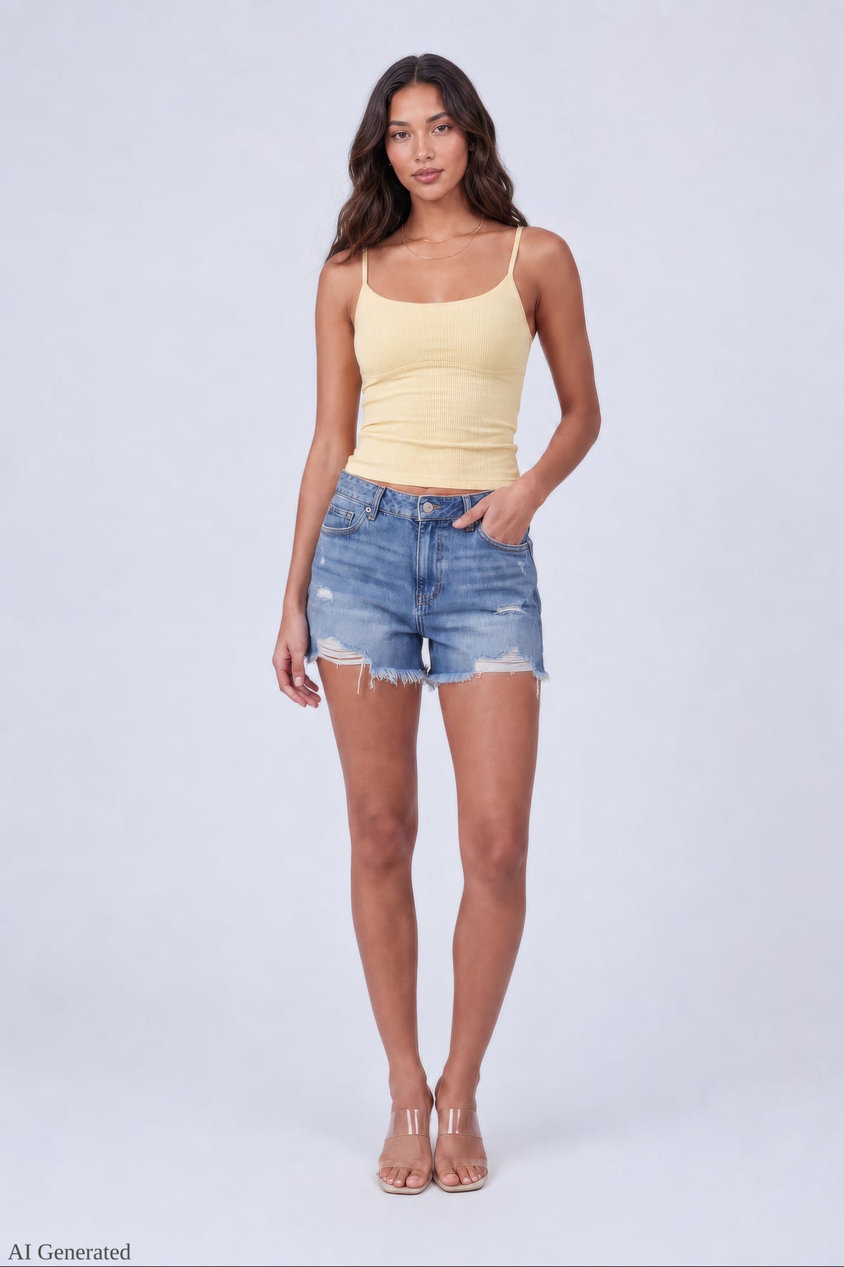 Ripped Rhinestone Denim Short - Medium Blue