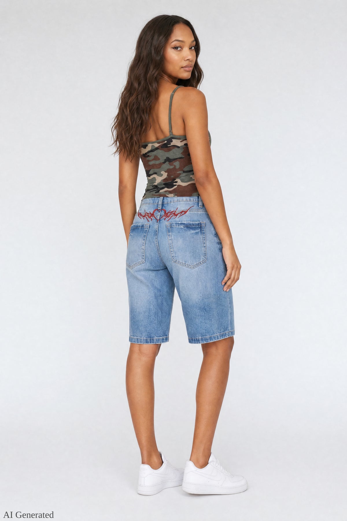 Alt View 2. Ripped Low Rise Embroidered Jort 11" - Pacific Blue