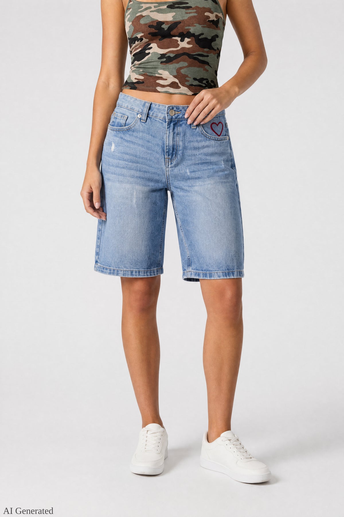 Alt View 3. Ripped Low Rise Embroidered Jort 11" - Pacific Blue