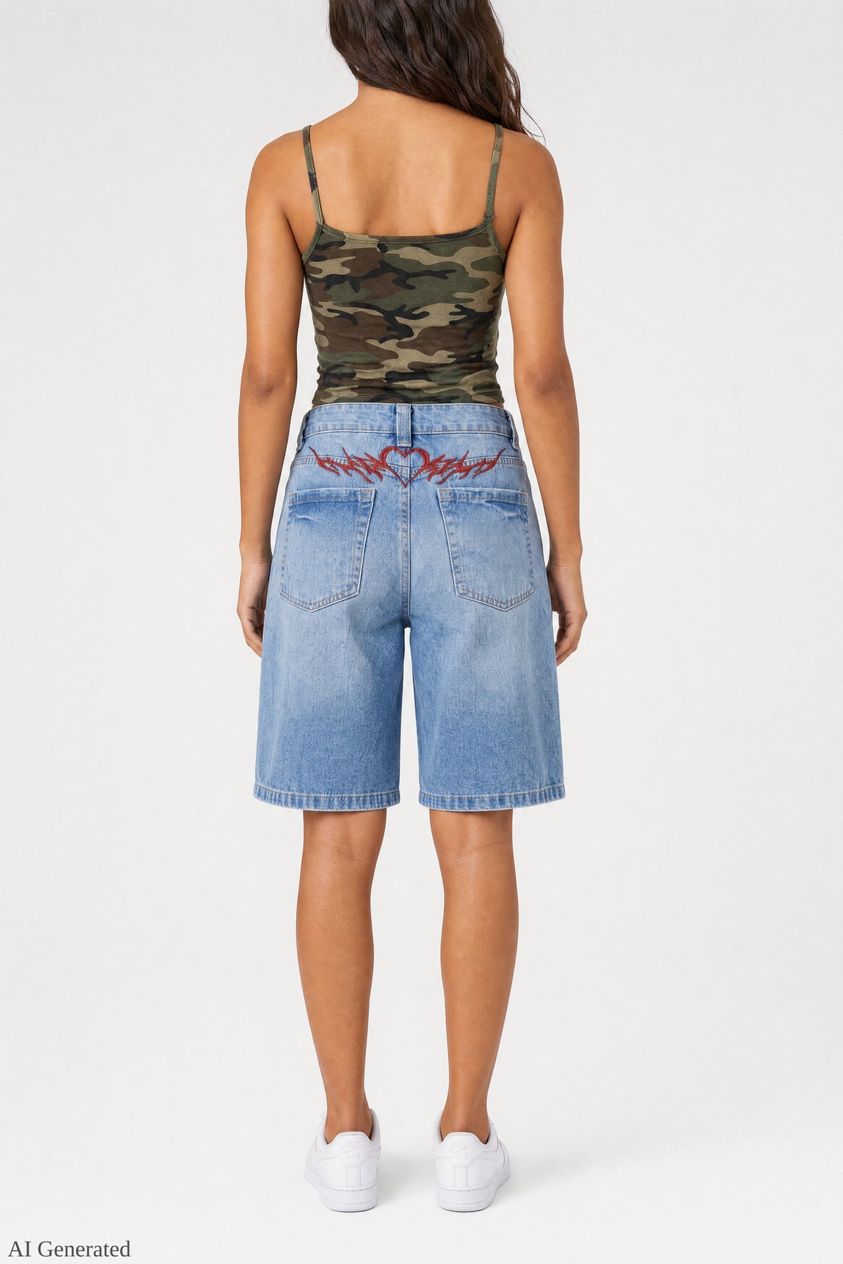 Alt View 4. Ripped Low Rise Embroidered Jort 11" - Pacific Blue