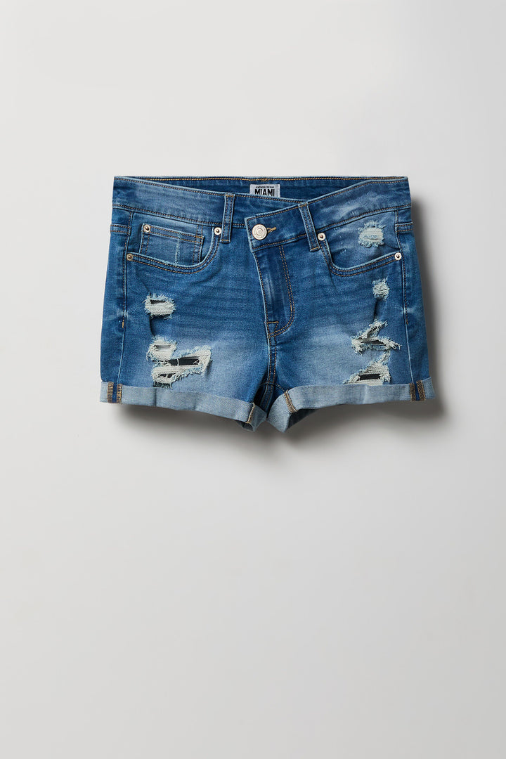 Stretch Ripped High Rise Medium Denim Short