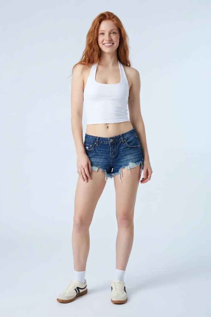 Ripped Low Rise Dark Denim Short