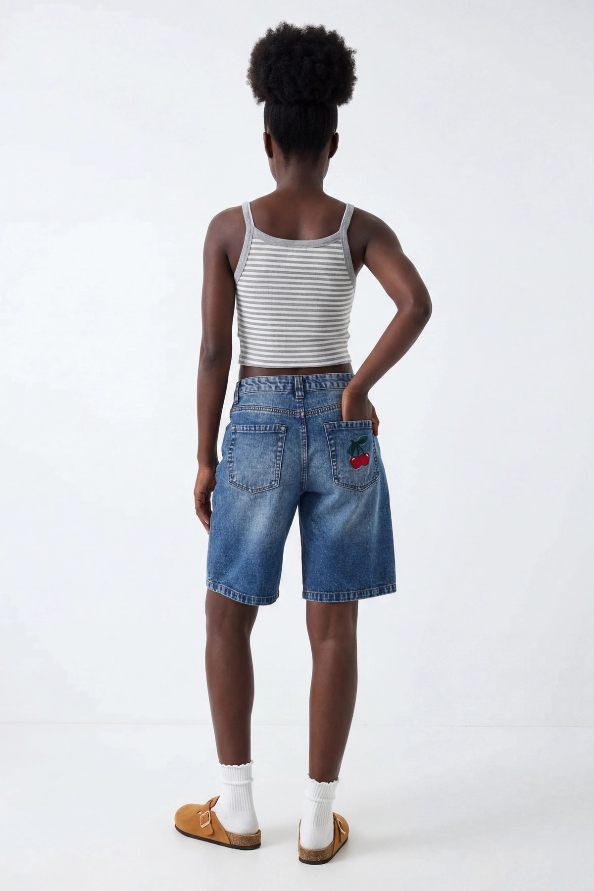 Alt View 2. Brooklyn Low Rise Embroidered Baggy Denim Jort - Denim Blue