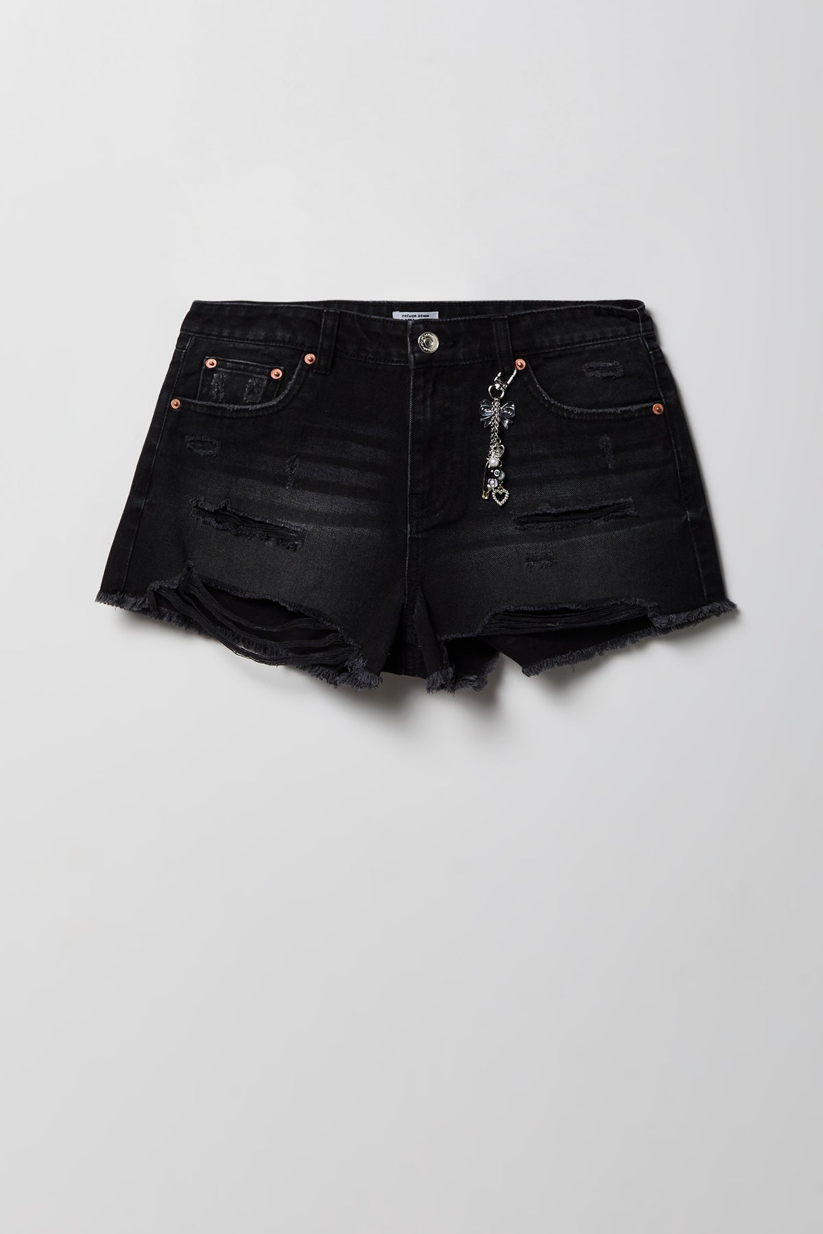Alt View 4. Ripped High Rise Black Denim Short With Keychain - Plaid