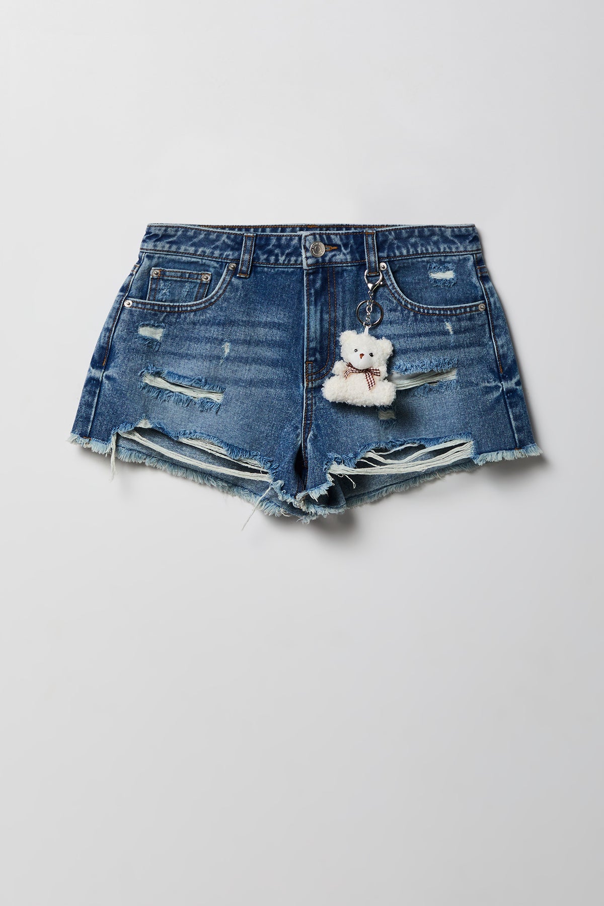 Alt View 4. Ripped High Rise Dark Denim Short With Keychain - Denim Blue