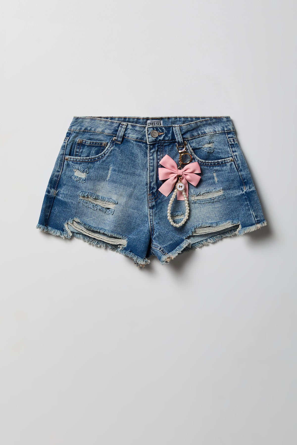 Alt View 4. Ripped High Rise Medium Denim Short with Keychain - Medium Blue