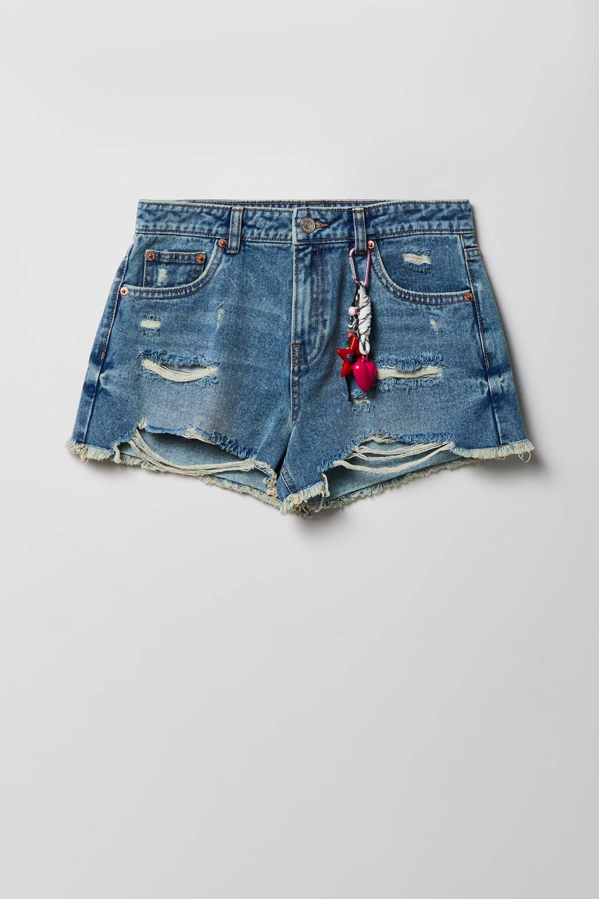 Alt View 4. Ripped High Rise Medium Denim Short With Keychain - Pacific Blue