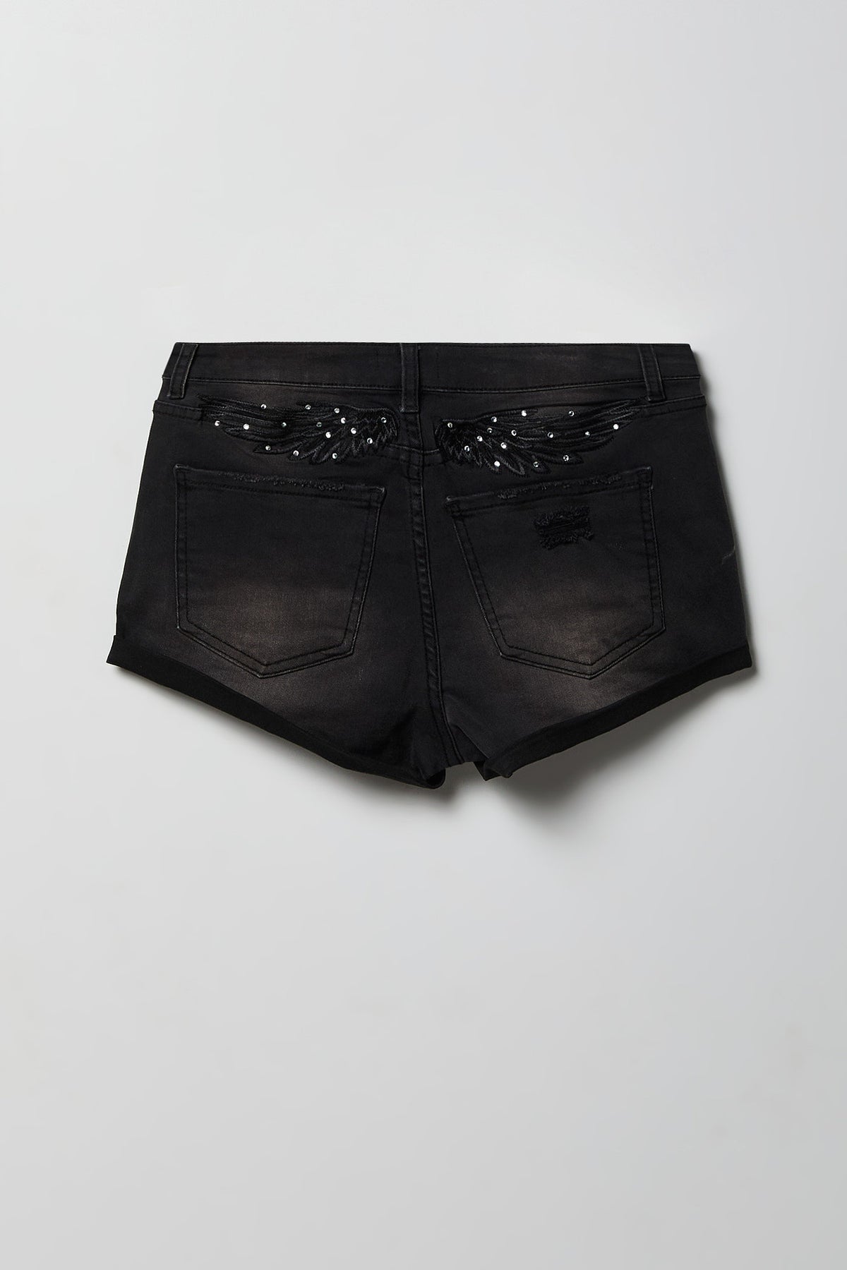 Alt View 4. Miami High Rise Rhinestone Ripped Embroidered Denim Short - Black