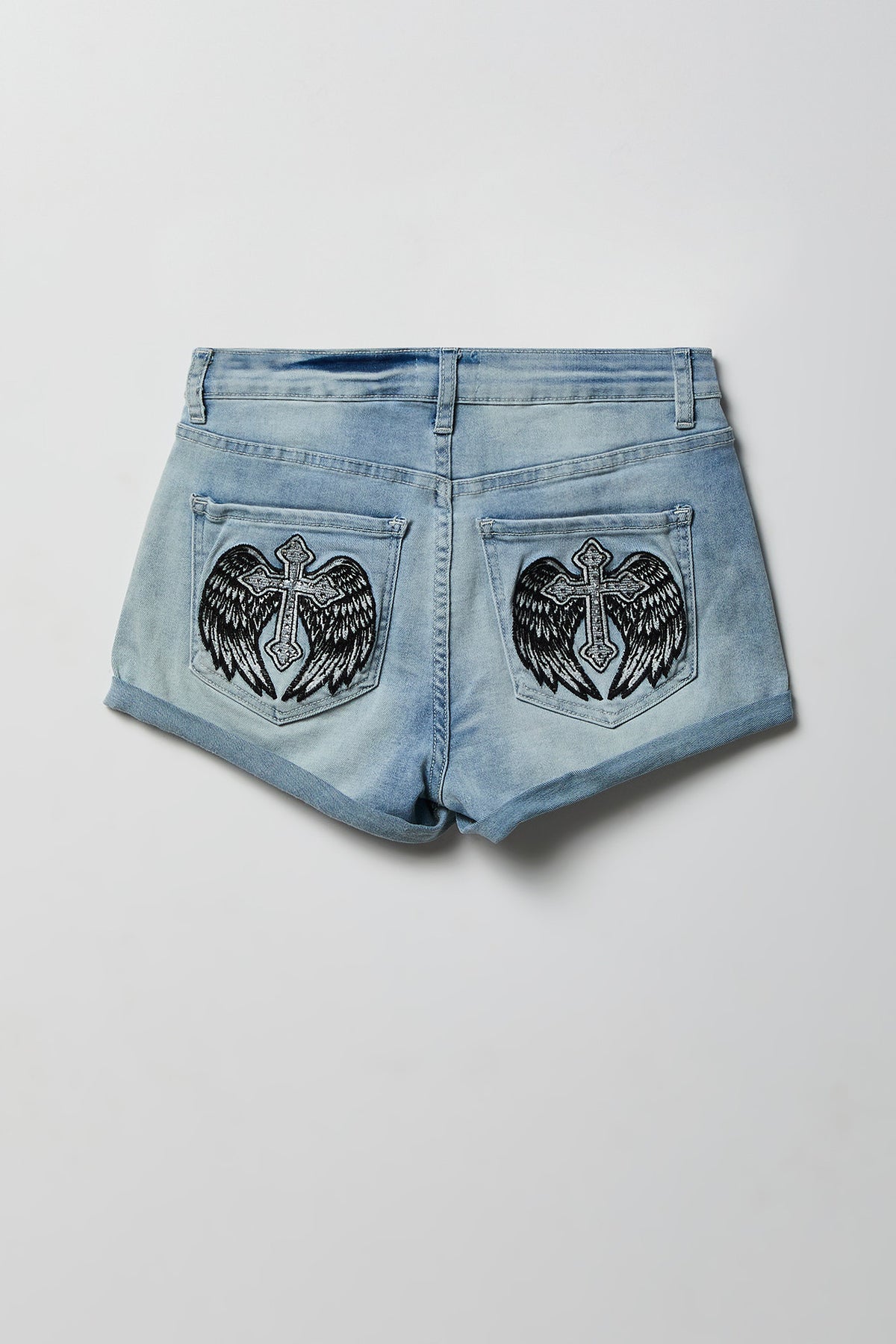 Alt View 4. Miami High Rise Ripped Embroidered Denim Short - Light Denim Blue