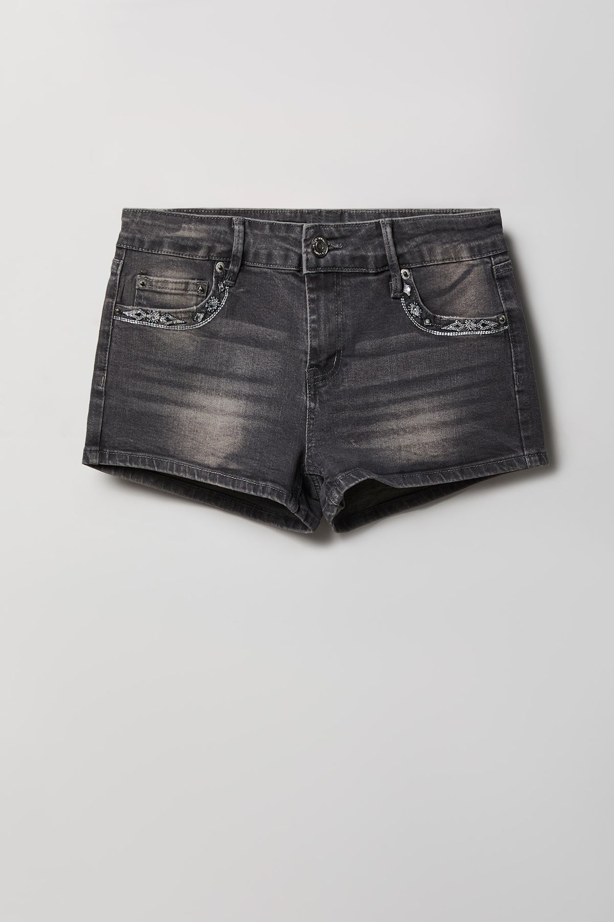Alt View 5. Stretch Mid Rise Rhinestone Detail Denim Short - Charcoal