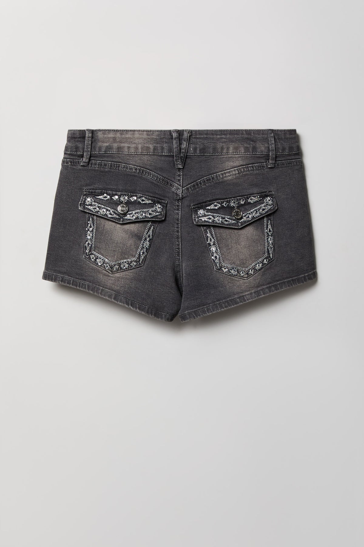 Alt View 4. Stretch Mid Rise Rhinestone Detail Denim Short - Charcoal