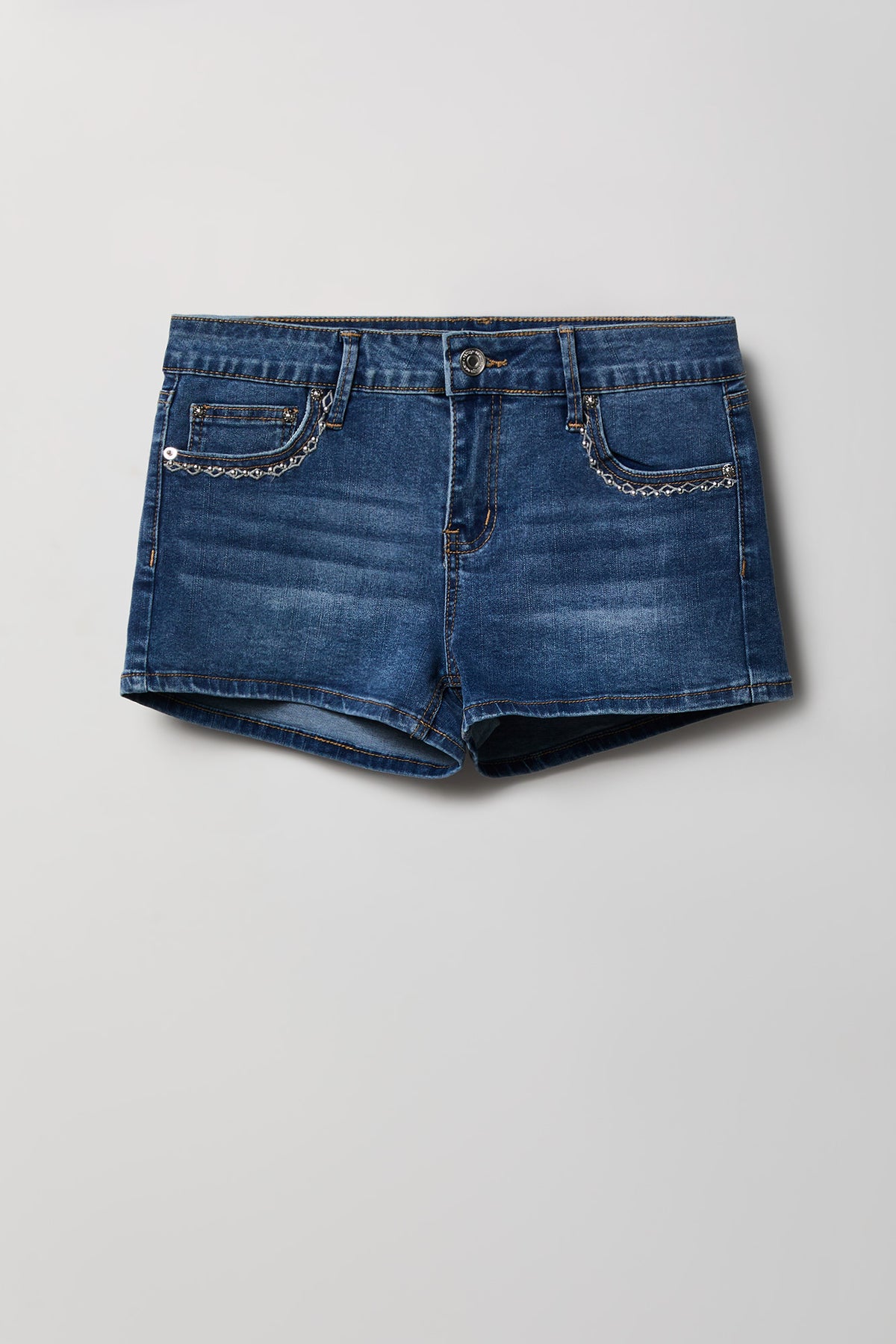 Alt View 5. Stretch Mid Rise Rhinestone Detail Denim Short - Denim Blue
