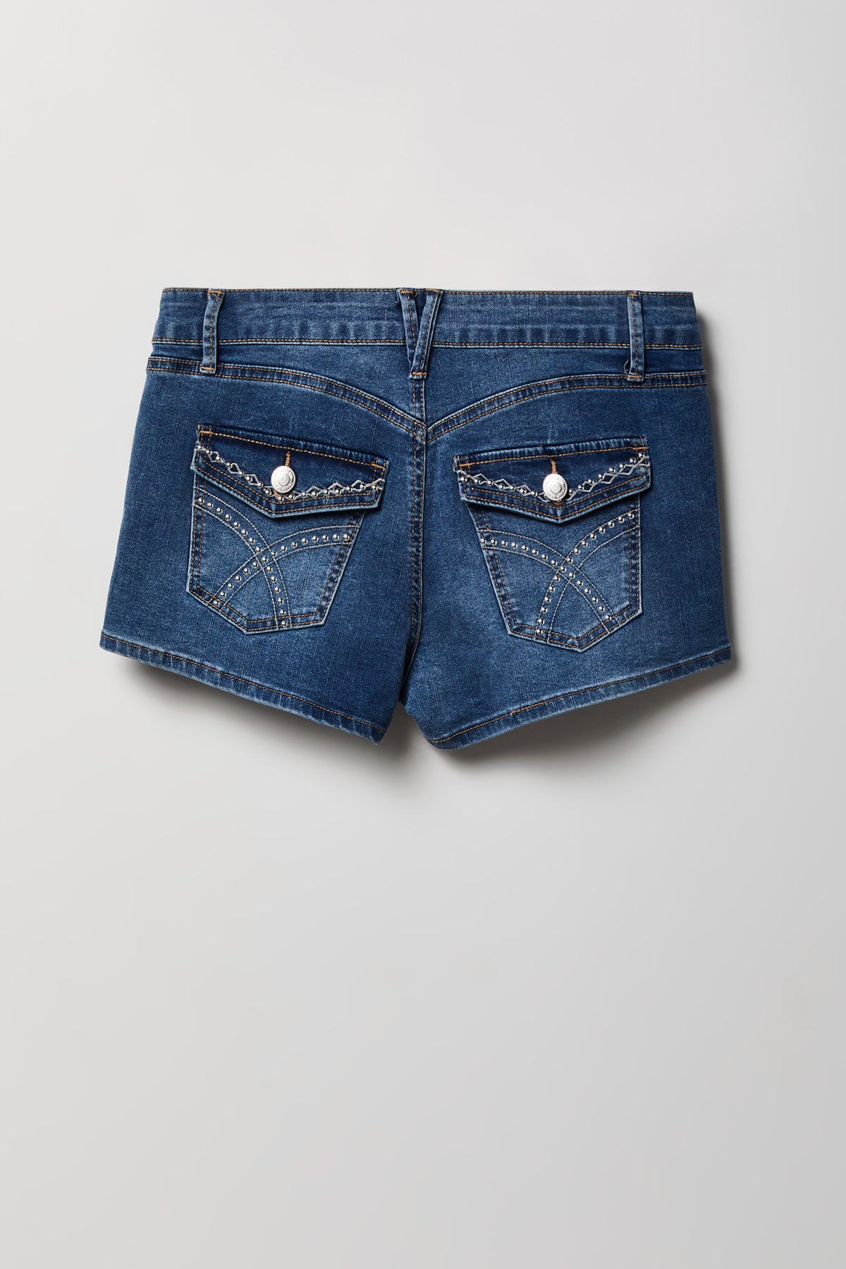 Alt View 4. Stretch Mid Rise Rhinestone Detail Denim Short - Denim Blue
