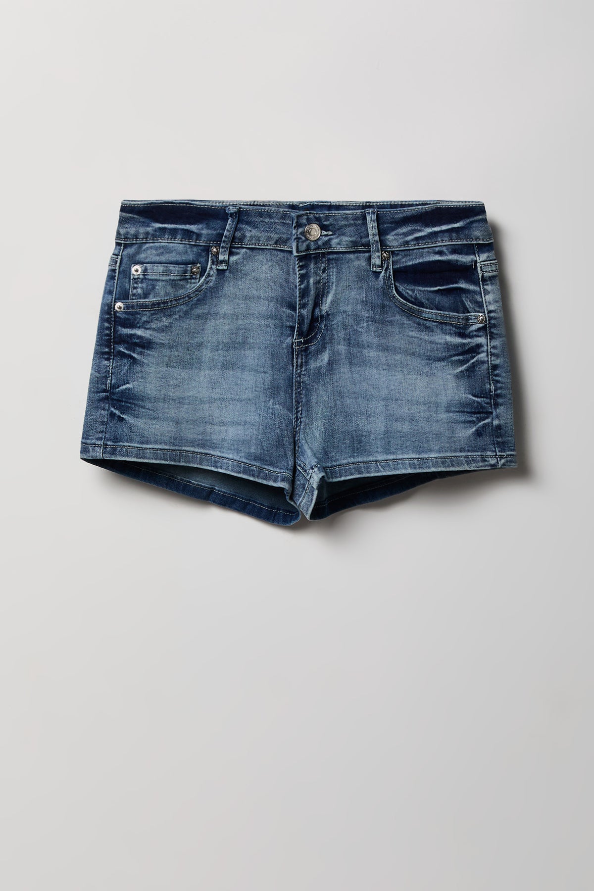 Alt View 4. Stretch Mid Rise Rhinestone Detail Denim Short - Medium Blue
