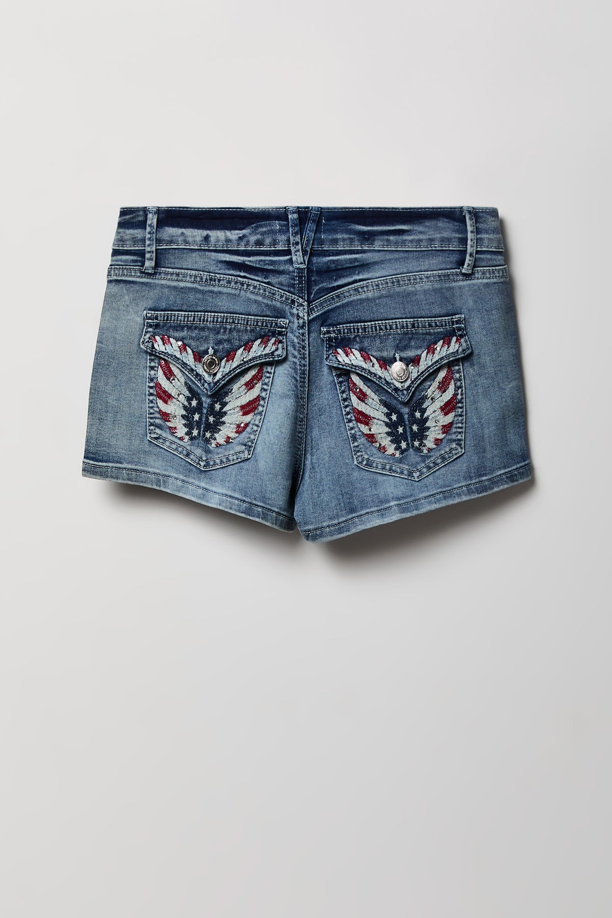 Alt View 3. Stretch Mid Rise Rhinestone Detail Denim Short - Medium Blue