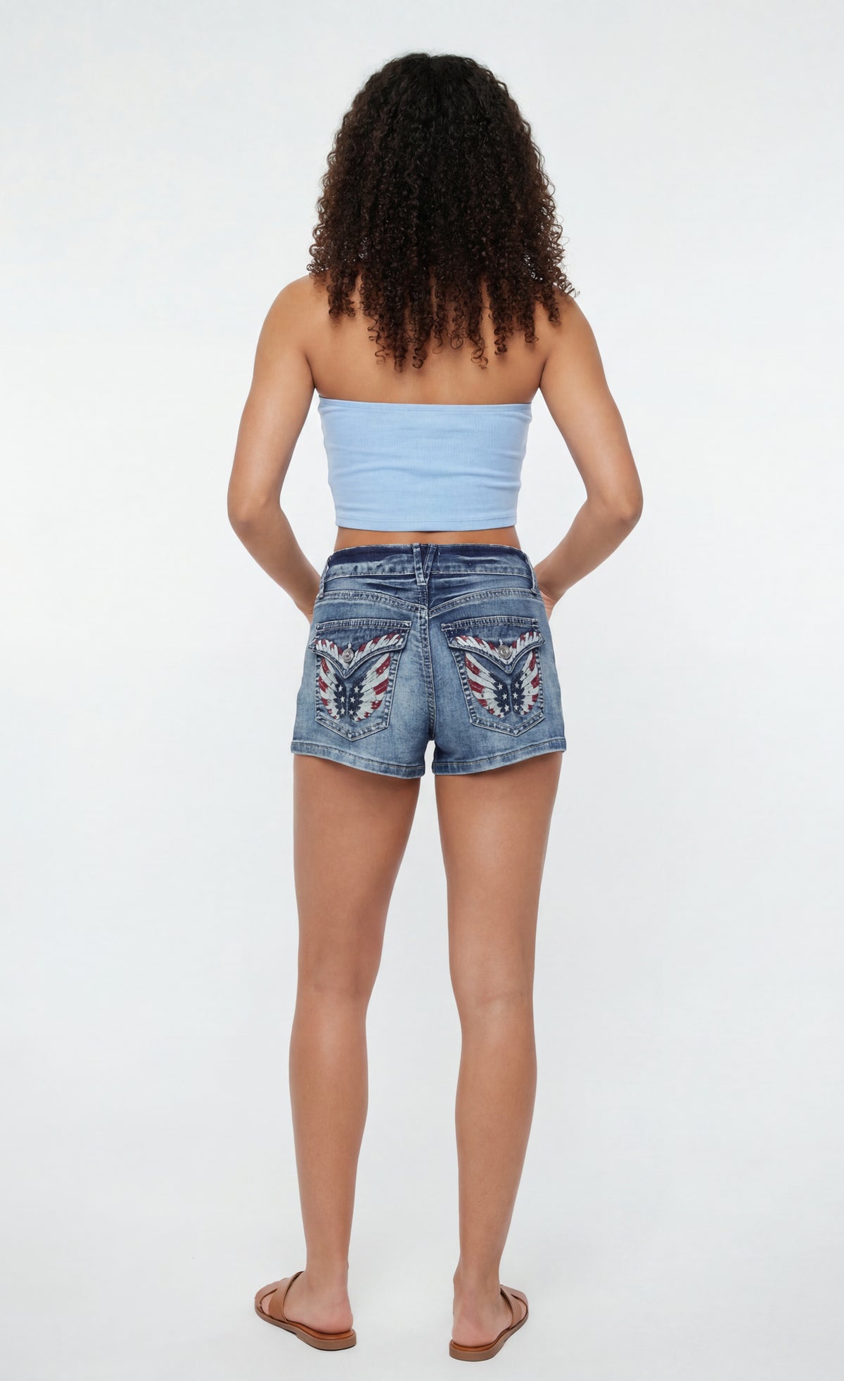 Stretch Mid Rise Rhinestone Detail Denim Short - Medium Blue