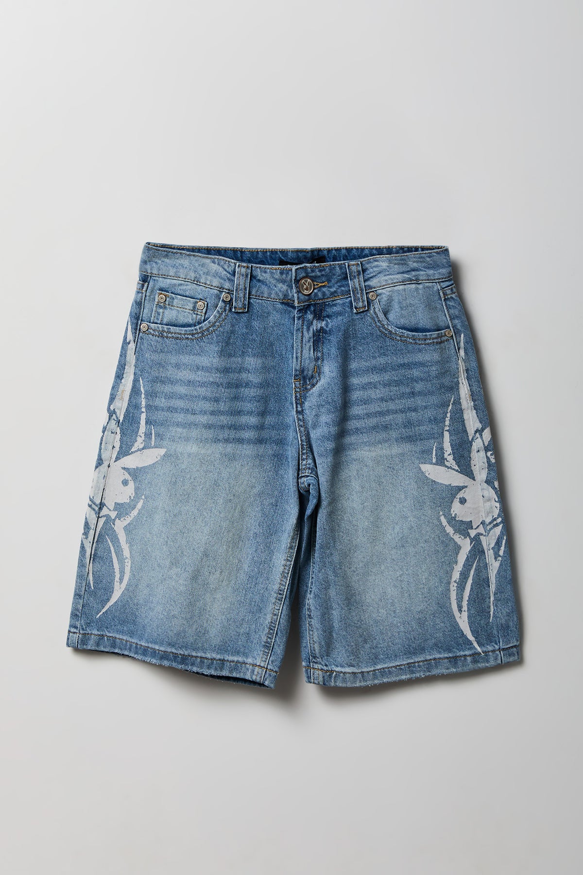 Alt View 4. Playboy Print Low Rise Jort - Light Denim Blue