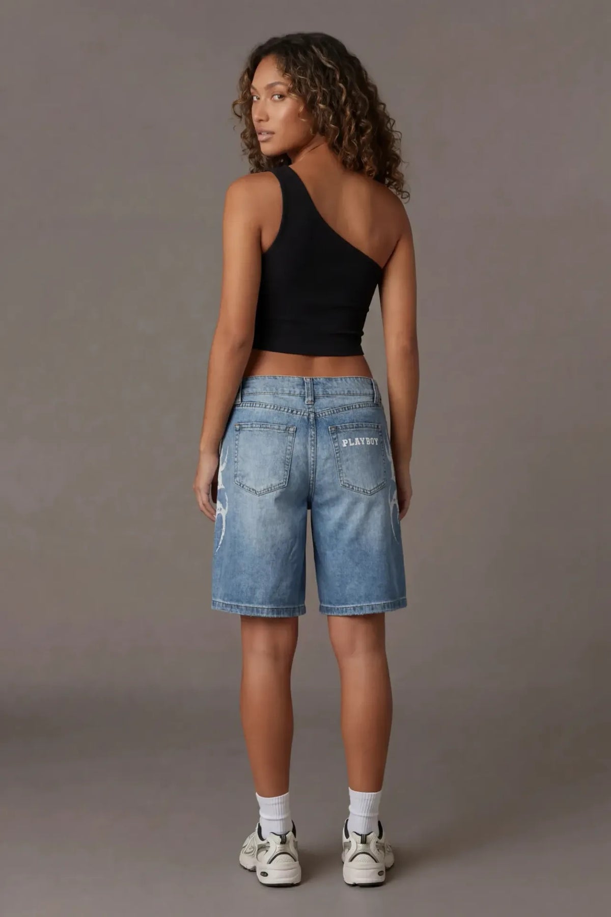 Alt View 3. Playboy Print Low Rise Jort - Light Denim Blue