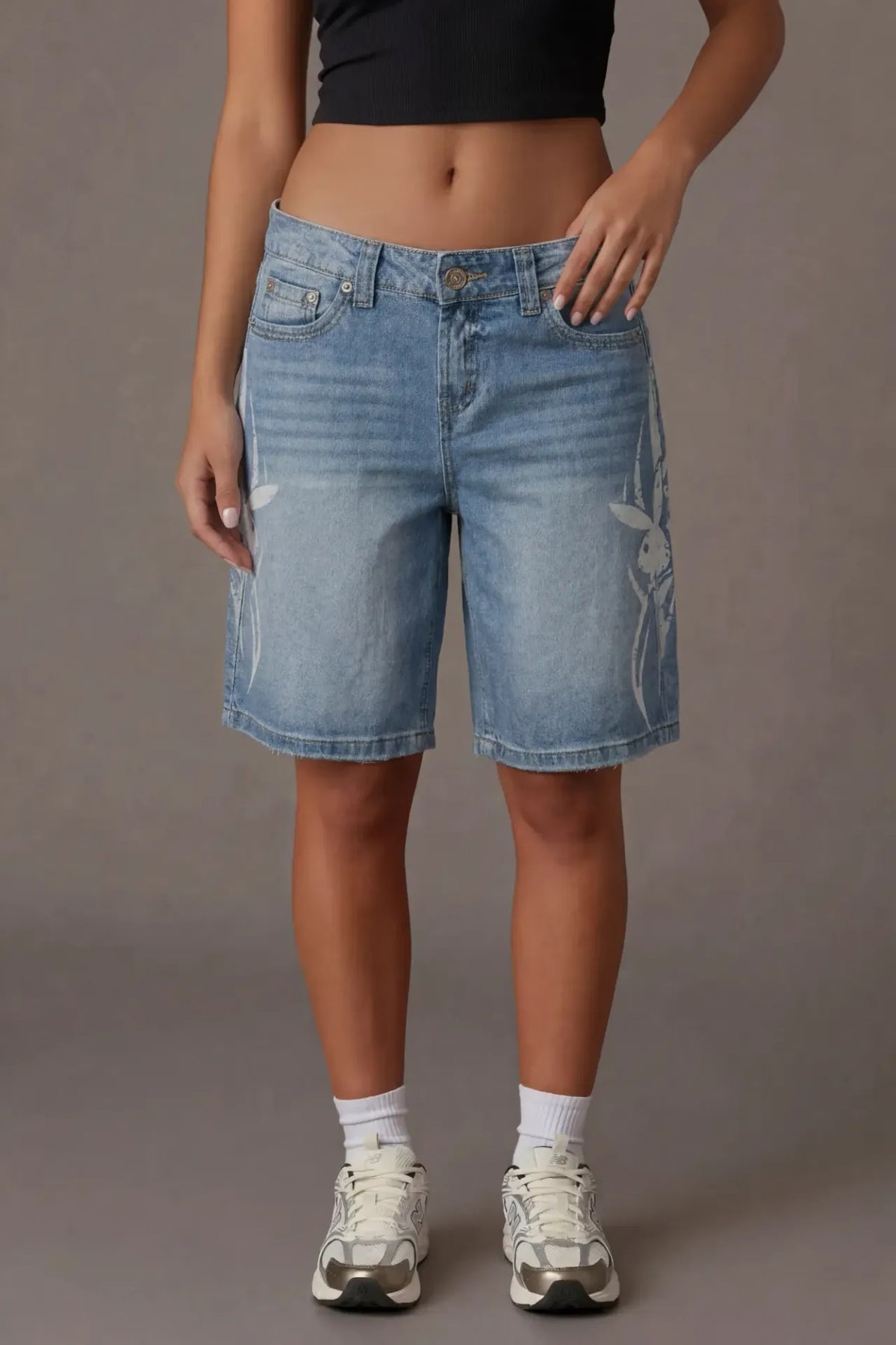 Alt View 2. Playboy Print Low Rise Jort - Light Denim Blue