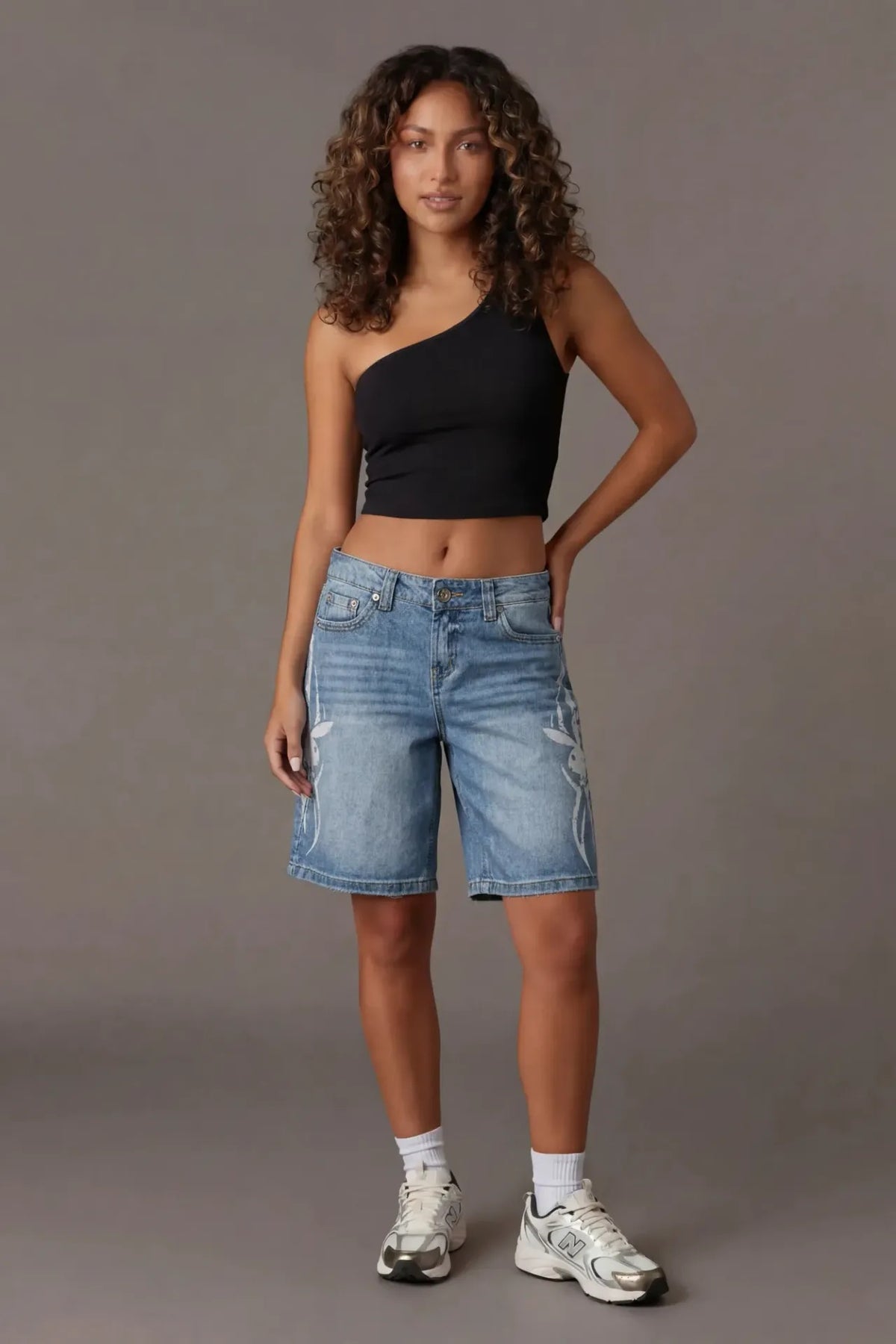 Playboy Print Low Rise Jort - Light Denim Blue