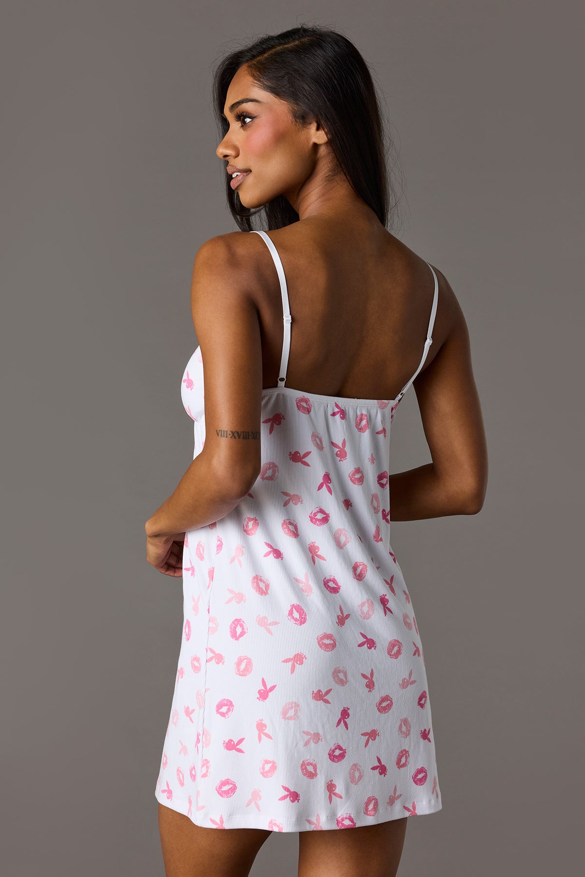 Alt View 2. Playboy Ribbed Lace Trim Pajama Dress - Dark Grey
