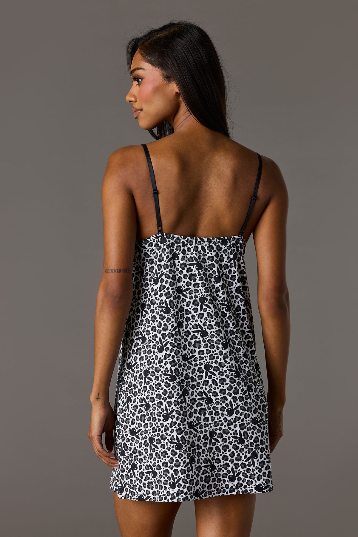 Alt View 5. Playboy Ribbed Lace Trim Pajama Dress - Dark Grey
