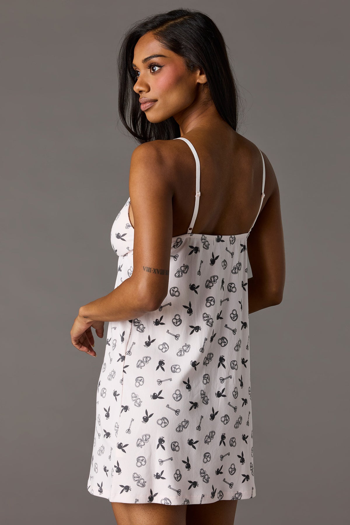 Alt View 8. Playboy Ribbed Lace Trim Pajama Dress - Dark Grey