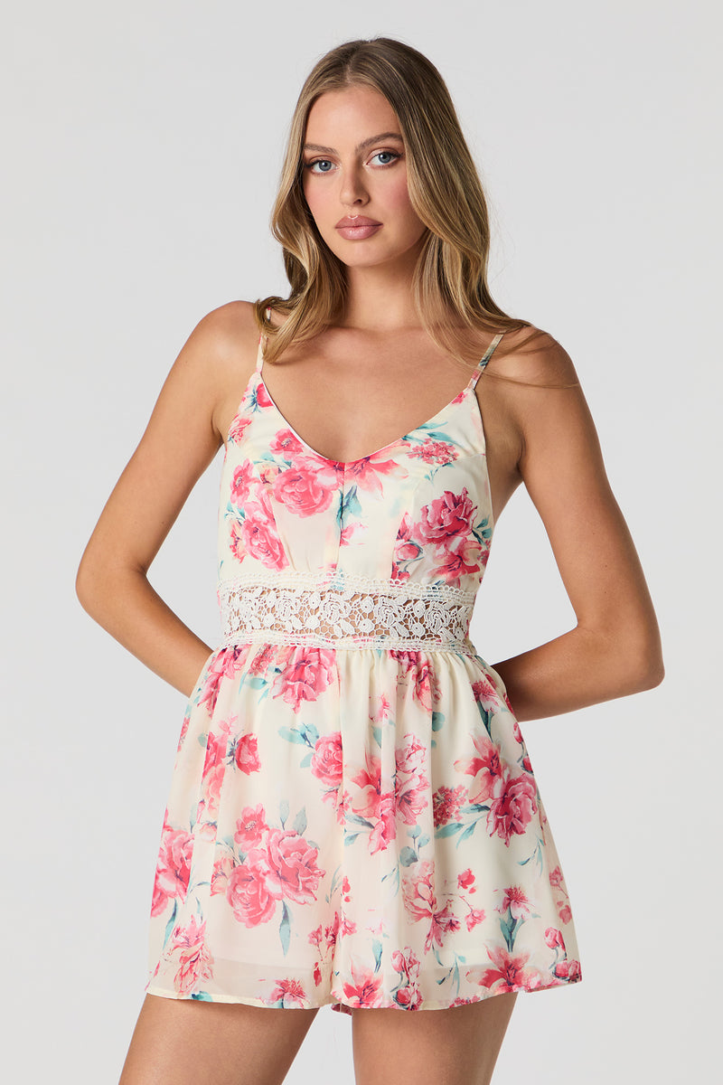 Floral Chiffon Crochet Waist Romper